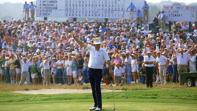 Raymond Floyd celebrates sinking the winning putt at the 1986 U.S. Open in Shinnecock Hills, N.Y.