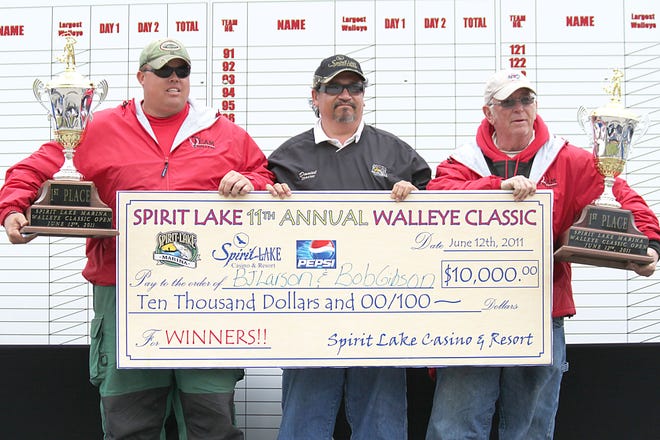 B.J. Larson, left, and Bob Gibson, right, were the winners of the 11th annual Spirit Lake Casino Walley Classic on Sunday near Devils Lake. With the winning team is tournament director Daniel Lohnes.