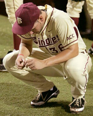 Florida State's Robby Scott, a senior, contemplates his last game at Dick Howser Stadium as Texas A&M won 11-2 in the Tallahassee Super Regional finale on Monday.