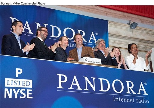 Joe Kennedy, Pandora CEO & President and Tim Westergren, Pandora Founder & Chief Strategy Officer, joined by members of the company's management team, ring The Opening Bell(SM) to celebrate Pandora's IPO on the NYSE.