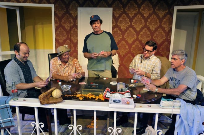 Will.Dickey@jacksonville.comActors Matt Burk (from left), Jon Coen, Barry Williams, Earlye Rhodes and Steve Osborn perform in Alhambra Theatre and Dining's "The Odd Couple."