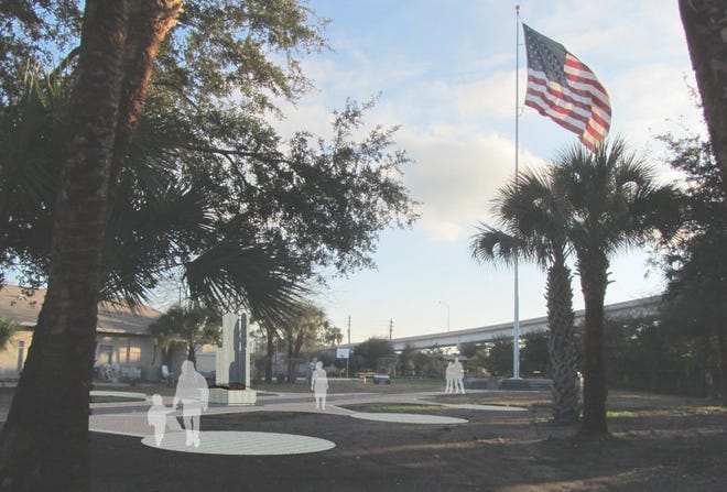 An architect's rendering shows the Beaches Veterans Memorial Park in Atlantic Beach as it would appear with a planned scripture sculpture and six memorials representing each of the military branches