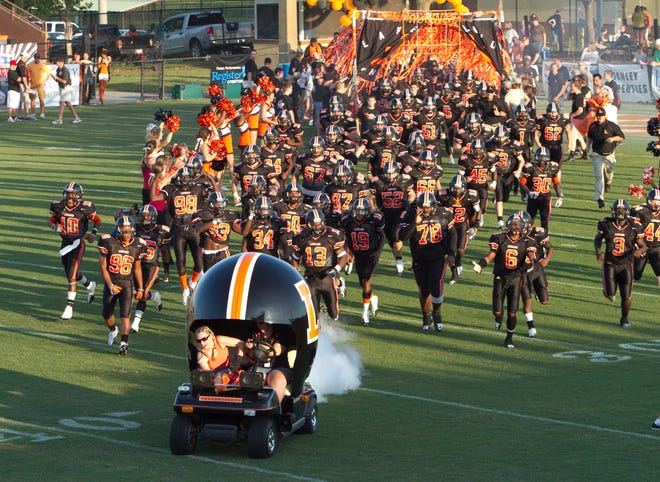 Lakeland Senior High Dreadnaughts take the field for the first home game vs the Venice Indians September 3rd 2010. at Bryant Stadium in Lakeland Fl.