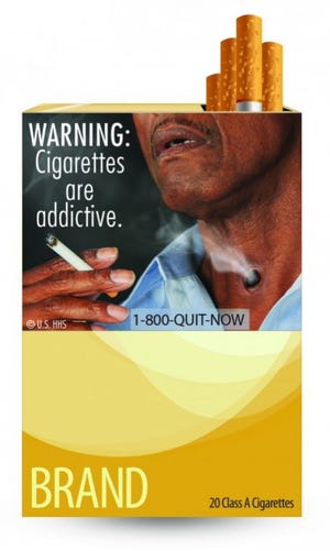 Among the images to appear on cigarette packs are rotting and
diseased teeth and gums and a man with a tracheotomy smoking.