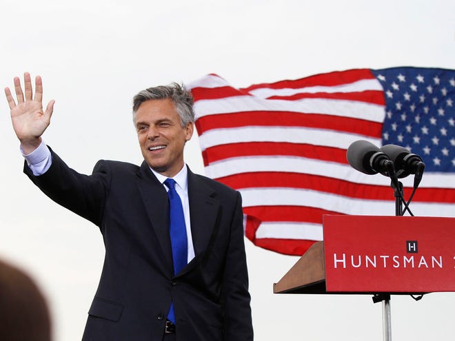 Former Utah Gov. Jon Huntsman waves as he announces his bid for the Republican presidential nomination, Tuesday, June 21, 2011, at Liberty State Park in Jersey City, N.J. (AP Photo/Mel Evans)