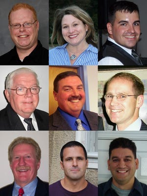 The nine Bridgewater town councilors. Top row from left, Tim Fitzgibbons, Kristy Colon and Scott Pitta. Middle row from left, Peter Riordan, William Wood and Michael Berolini. Bottom row from left, Bill Callahan, Peter Colombotous and Mike Demos.