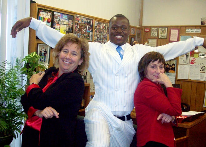 From left, Brockton High Principal Susan Szachowicz, Henry Thevenin and former administrative assistant Maria LeFort showed off during the school's 2008 "Dress for Success" day.