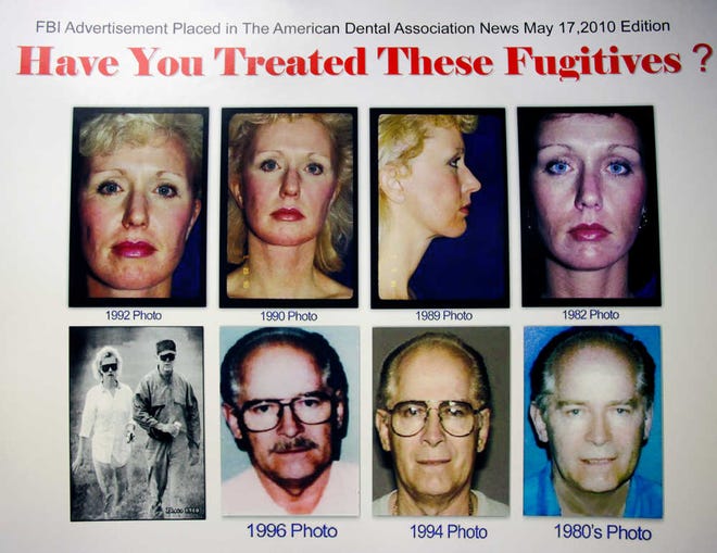 FILE - A poster featuring fugitives James "Whitey" Bulger and Catherine Greig is seen at the FBI field office in Boston, in this June 20, 2011 file photo. FBI agents on the trail of Bulger are turning to TV ads aimed at women as they try to bring the fugitive Boston mob boss to justice after 16 years on the run. The 30-second ad is scheduled to start running Tuesday in 14 television markets. The FBI finally caught the 81-year-old Bulger Wednesday June 22, 2011 at a residence in Santa Monica along with his longtime girlfriend Catherine Greig, just days after the government launched the new publicity campaign to locate the fugitive mobster, said Steven Martinez, FBI's assistant director in charge in Los Angeles. (AP Photo/Michael Dwyer, File)