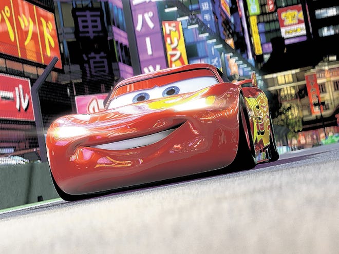 In this film publicity image released by Disney-Pixar, animated character Lightning McQueen, voiced by Owen Wilson, is shown in a scene from "Cars 2."