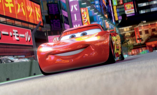 Lightning McQueen, voiced by Owen Wilson, is shown in a scene from "Cars 2."