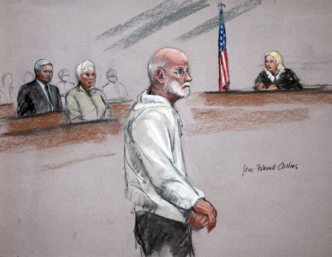This courtroom sketch shows James "Whitey" Bulger during his initial appearance in a federal courtroom in Boston on Friday.