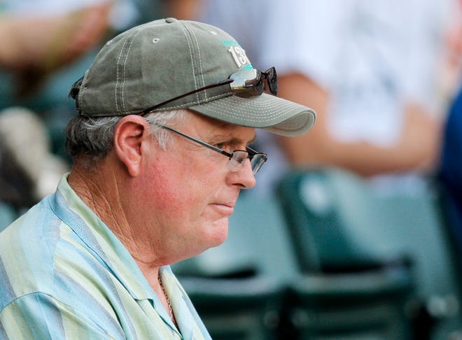 Jim Fleming with the Florida Marlins watches the minor league baseball game between the Oklahoma City RedHawks and the New Orleans Zephyrs at RedHawks Field at Bricktown in Oklahoma City, Monday, June 20, 2011. Photo by Nate Billings, The Oklahoman ORG XMIT: KOD