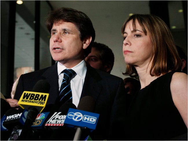 The former Illinois governor Rod R. Blagojevich and his wife, Patti, spoke with reporters earlier this month.