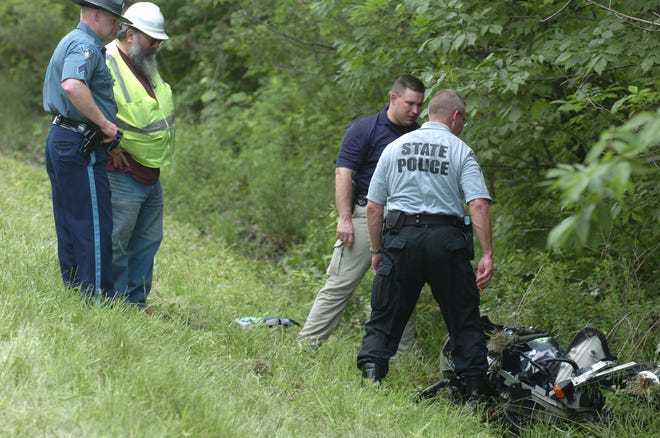 State police investigate a motorcycle accident that occured on the Rte. 495 north bound Milford/Hopkinton off ramp in Milford on Monday.