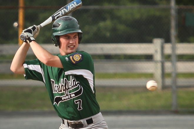 Joe Cunningham of Marshfield keeps his eyes on an incoming pitch during Post 88's 4-2 win over Bridgewater on Sunday.