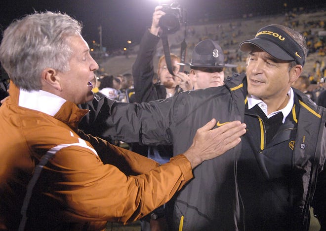 With an independent television network debuting in August, the eyes of Texas will be on football Coach Mack Brown, left, and the Longhorns. Gary Pinkel’s Missouri Tigers and other Big 12 schools are now working to get their brands available on new platforms.