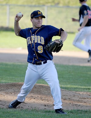 Milford pitcher J.J. Branch throws to first for an out during Post 59'2 4-2 win over East Side.