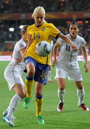 Sweden's Josefine Oqvist controls a ball during the group C match between Sweden and the United States at the Women?s Soccer World Cup in Wolfsburg, Germany, Wednesday, July 6, 2011.