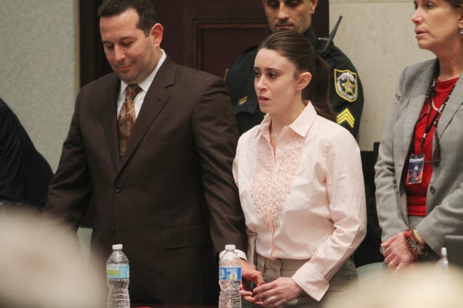 Casey Anthony and her lawyer, Jose Baez, left, react to her being found not guilty of murder charges in Orlando, Fla., Tuesday, July 5, 2011.