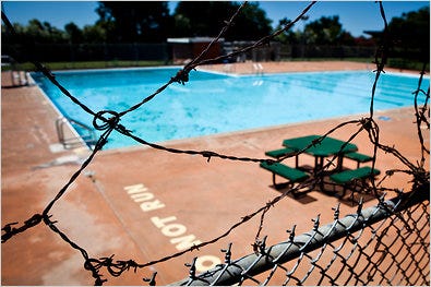 Cash-strapped local governments have been making the painful choice to close public pools. At James Mangan Park in Sacramento, the pool grounds are locked, but the pool itself is still full of clear blue water.