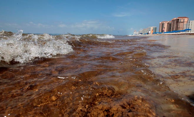 Crude oil from the Deepwater Horizon oil spill washes ashore in Orange Beach, Ala., Saturday, June 12, 2010. Large amounts of the oil battered the Alabama coast, leaving deposits of the slick mess some 4-6 inches thick on the beach in some parts. (The Associated Press)