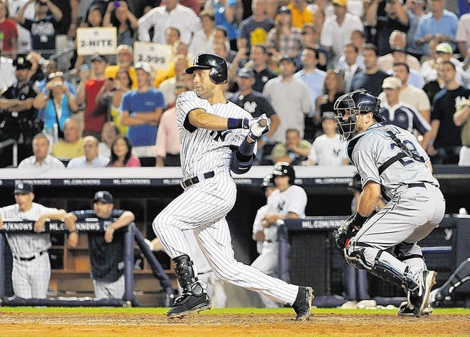 New York Yankees' Derek Jeter grounds out to shortstop in the seventh inning of a baseball game against the Tampa Bay Rays on Thursday, July 7, 2011, at Yankee Stadium in New York. John Jaso caches for the Rays. (AP Photo/Kathy Kmonicek)