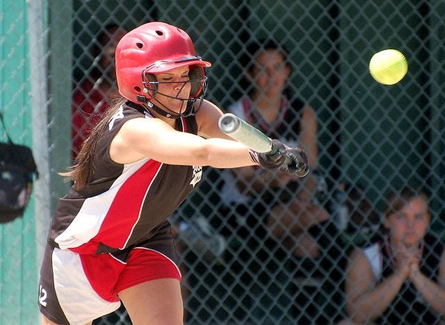 Whaley/Citizen photo
Rochester's Megan Estabrook lays down a bunt against Way North during Babe Ruth 18U girls state fast-pitch softball tournament action Saturday in Rochester.