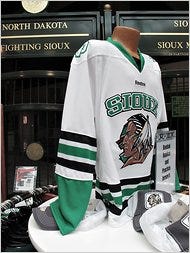A jersey with the Fighting Sioux mascot, now in dispute.