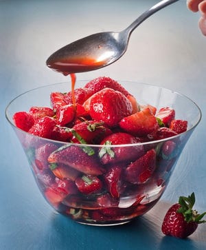 Strawberries macerated with balsamic vinegar makes a perfect topping for pound cake.
