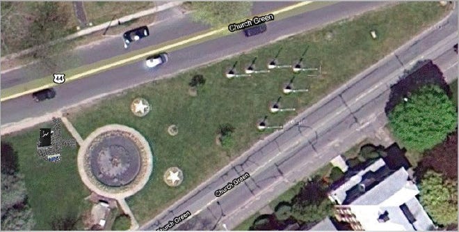 An aerial map of Church Green shows the proposed location for the Global War on Terrorism Memorial, which will flank the existing Vietnam Veterans Memorial.