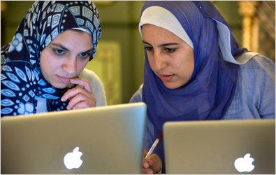 Business groups are taking an interest in Egyptian entrepreneurs like Yasmine el-Mehairy, left, and Zeinab Samir, who started a site for Arab women.