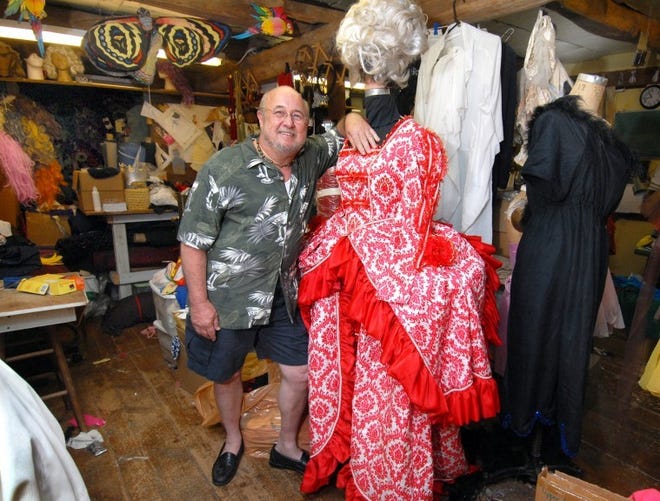 Tony Townsend's most recent labor of love is this Queen of
Hearts costume, made from his mother's bed linens.
