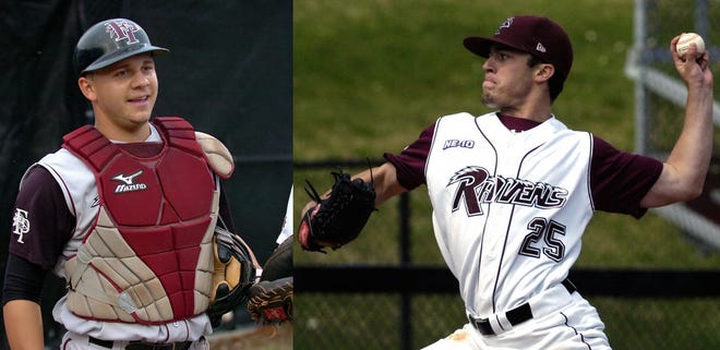 East Bridgewater's Ed Dowd, left, and Brockton's Brian Maloney, right, were former teammates at Franklin Pierce University who are toiling in the minor leagues this summer.