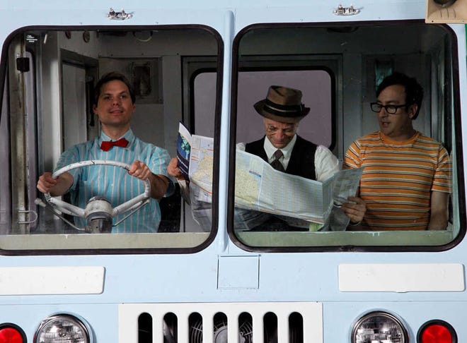 In this undated publicity image released by Crackle, Inc., from left, Michael Ian Black, Joshua Malina and Michael Panes are shown in an ice cream truck in a scene from the web series "Backwash."
