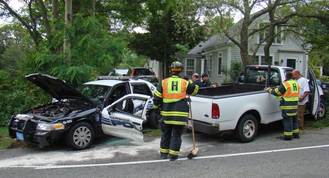 A early morning crash sent a police officer to Cape Cod Hospital with unknown injuries Monday around 7:30AM.   The accident happened at the intersection of Route 124 and Williams Ave.