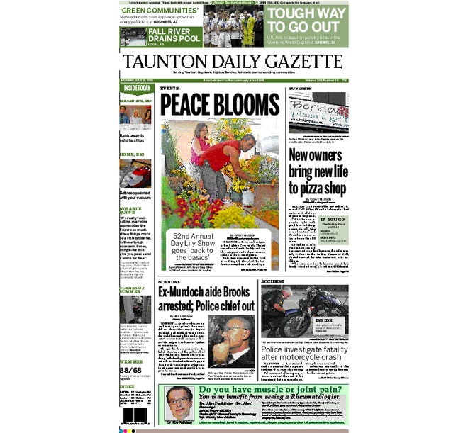 Front page of the Taunton Daily Gazette for Monday, July 18, 2011.