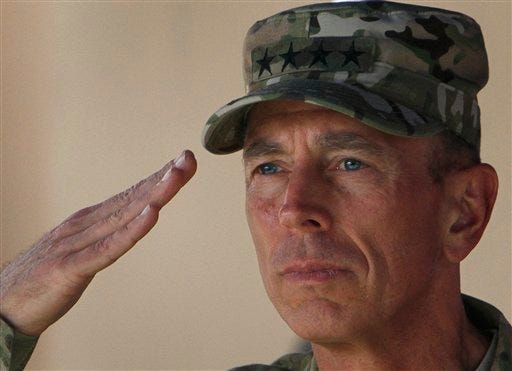 The outgoing U.S. and NATO led International Security Assistance Force (ISAF) commander in Afghanistan, Gen. David Petraeus salutes during a changing of command ceremony in Kabul, Afghanistan on Monday, July 18, 2011. Gen. John Allen took over command of American and coalition forces in Afghanistan on Monday from Gen. David Petraeus, assuming responsibility as Afghanistan's international allies draw up exit plans from the nearly 10-year conflict.(AP Photo/Musadeq Sadeq)