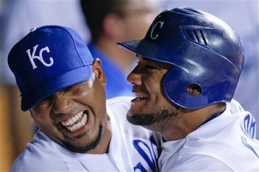 Kansas City Royals' Melky Cabrera, right, celebrates his home run with Brayan Pena in the seventh inning during against the Chicago White Sox on Tuesday in Kansas City, Mo.