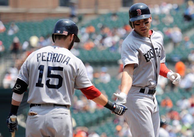 Boston Red Sox's Jacoby Ellsbury, right, is greeted by teammate Dustin Pedroia (15) after he hit a home run during the third inning of a baseball game against the Baltimore Orioles, Wednesday, July 20, 2011, in Baltimore.