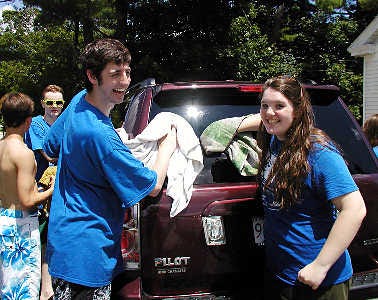 Washing cars Saturday as part of the Calliope Productions summer teen workshop fundraiser are cast members of the show ‘Crazy for You’ (from left) Nick Silverio,16, of Shrewsbury, Bryan Scott, 16, of Northboro, Drew Stairs, 17, and Anna Poplawski, 14, both of Boylston. The performances are this week and next week.