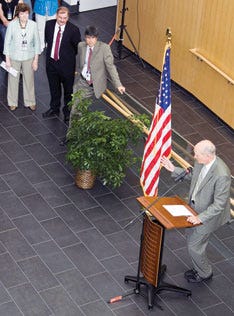 Bill Brinkman of DOE keynotes the dedication of the $95 million Chemical and Materials Sciences Building. Also pictured are associate lab director Michelle Buchanan, Johnny Moore of DOE, and Oak Ridge National Lab Director Thom Mason.