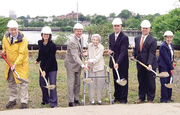 Courtesy photo
Tockwotten's:$53.2 million senior care project gets off the ground in East Providence with help from (l-r) Robert Martin, assisted living administrator/CFO at Tockwotton: Lieutenant Governor Elizabeth Roberts; Governor Lincoln Chafee; 103-Year-Old Tockwotton resident Evelyn Katzman; Tockwotton Executive Director Kevin McKay; Tockwotton Board Treasurer Kenneth Thomae; and Former Board President of Tockwotton, Mary Hazeltine.