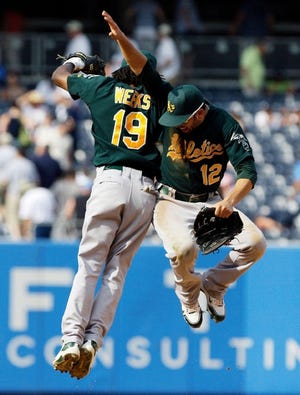 Oakland Athletics’ Jemile Weeks (19) celebrates with David DeJesus after their 4-3 win over the New York Yankees on Saturday.