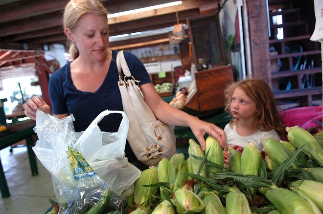 Ann Rabinovitz of Framingham and her daughter, Zoe, 4, pick out some fresh corn at Hanson's Farm in Framingham on Sunday. Summer crops in the area are thriving despite the recent sizzling temperatures.