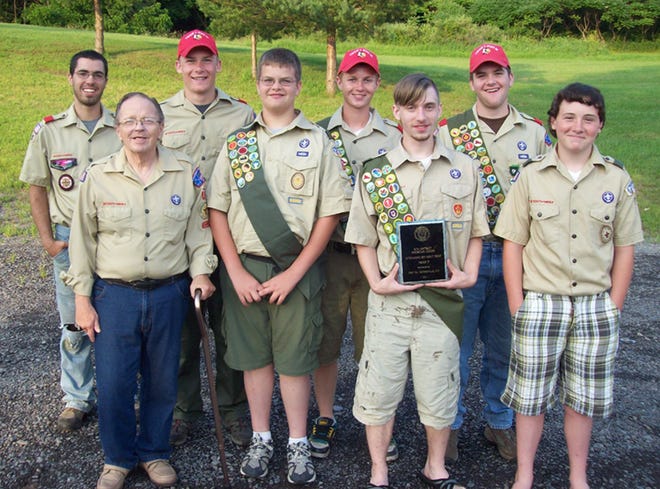 Munnsville Boy Scout Troop 7 was recently presented the 2011 Outstanding Boy Scout Troop Award by the 6th District American Legion. Scouts include, front row, from left, Assistant Scoutmaster Bruce Sweet, Jarret Jacobs, 13, Zach Sweet, 17, and Ian Isbell, 14, and back row from left, Assistant Scoutmaster Dan Meeker, 19, Jon Noble, 16, Ryan Thorna, 17, and Josh Jacobs, 15.