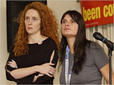 Rebekah Brooks, then Rebekah Wade and editor of The News of The World, left, in 2002 with Sara Payne, the mother of a murdered girl. Mrs. Payne's cellphone may have been hacked.