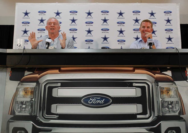 Dallas Cowboys head coach Jason Garrett, right, with owner Jerry Jones at a news conference Wednesday in San Antonio, seems to be in the driver's seat as his first full season as head coach begins.