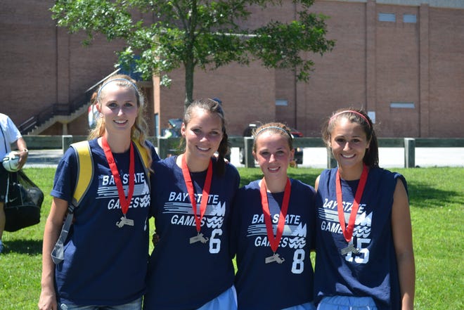 Four members of Hudson's girls soccer team helped the Central team win a silver medal in the Bay State Games. The West squad edged the Central team 2-1 in overtime in the title game. The Hudson members of the team, who will all be seniors this year, were (left to right) Marissa Miele, Jackie Brown, Rachel Matthew and Nicole Fowler.