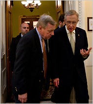 Senator Dick Durbin, left, and the majority leader, Harry Reid, after the Senate voted to table the Boehner bill Friday.