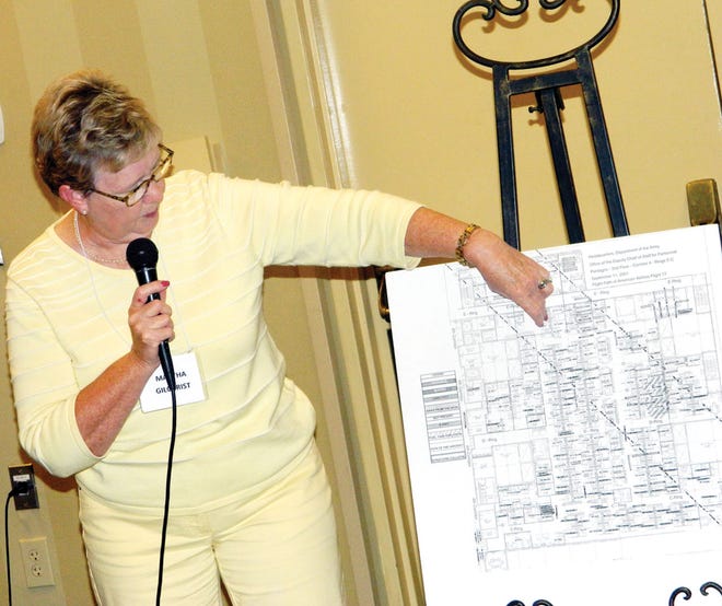 Martha Gilchrist points to a diagram showing the location of the room at the Pentagon she was in on Sept. 11, 2001.